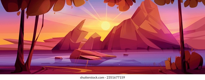 Sunset sky and mountain lake vector background. Panoramic summer nature scene with sun ray and river coast in evening. Beautiful beach in pink, purple and yellow magic light and rock in calm water.