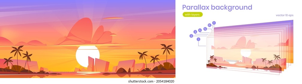 Sunset sky in ocean parallax background, tropical island 2d landscape. Beautiful cartoon nature scenery view with sea, rocks and dusk sky separated layers for animation game scene Vector illustration