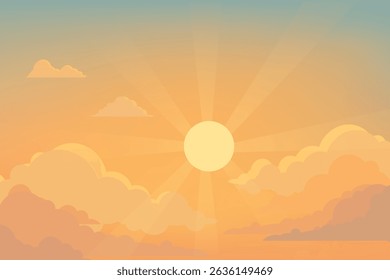 Céu ensolarado com nuvens alaranjadas e raios de sol brilhantes em atmosfera tranquila à noite.