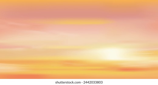 Sunset Sky Orange, Yellow. Sunrise Morning Over Field, Pink Cloudy Pastel Background, Autumn Sunset Sky Clouds Above Sea. Sunny Vector Landscape For Fall Season,Summer Banner, Illustration Seasonal Design
