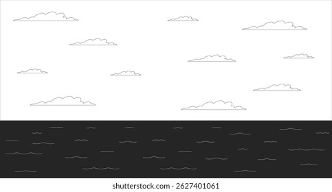 Sunset sky over calm ocean line illustration backdrop. Seascape marine scenery. Oceanscape waterscape. Peaceful sea water under white clouds 2D ink outline monochrome background. Lineart vector