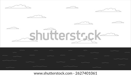 Sunset sky over calm ocean line illustration backdrop. Seascape marine scenery. Oceanscape waterscape. Peaceful sea water under white clouds 2D ink outline monochrome background. Lineart vector