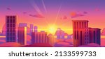 Sunset sky over city with clouds, skyscrapers and sun. Vector cartoon illustration of cityscape with high buildings, urban landscape with downtown towers at evening