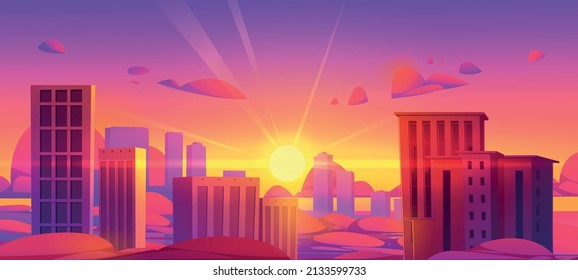 Cielo de sol sobre la ciudad con nubes, rascacielos y sol. Dibujo vectorial del paisaje urbano con edificios altos, paisaje urbano con torres del centro por la noche