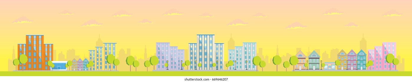 Sunset sky over city street
vector flat cityscape, detailed buildins, outdoor