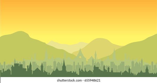 Sunset Sky Over Countryside Landscape
Hills And Cityscape Silhouette, Vector Illustration