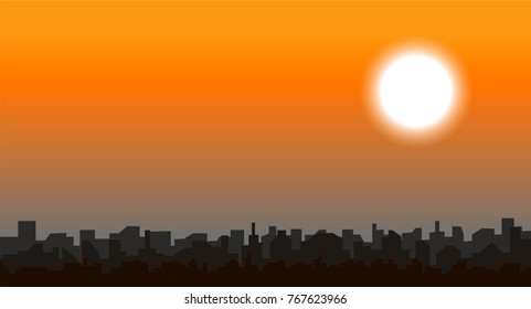 sunset sky over dark city silhouette, vector cityscape illustration