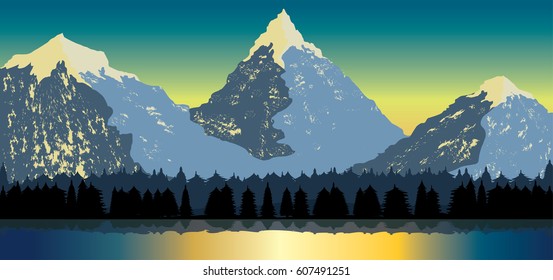 Sunset sky over mountains and valley with forest and lake
vector landscape nature illustration