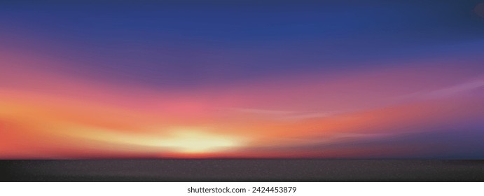 Sunset sky over sea,Vector Horizon nature Sunrise in Morning with Empty Concrete Floor texture,Panoramic Spring sky with dark grey asphalt,Summer sky with cloudy over black Cement Surface