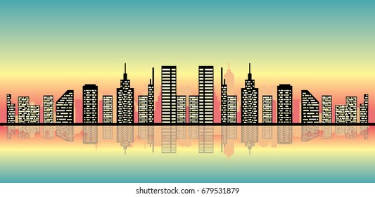sunset sky over urban city vector illustration
flat cityscape, skyline