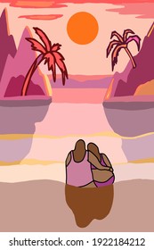 Sunset sky with pink clouds. Beautiful natural landscape background. Pink, orange and lilac evening or morning Image with shining sun. Cartoon vector Illustration