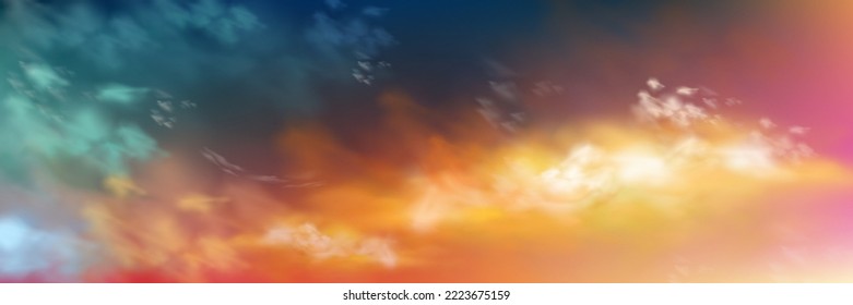 Sunset sky with realistic cloud texture, vector illustration. Dramatic twilight or sunrise cloudscape in orange, blue and green colors illuminated by sunlight. Beautiful nature. Abstract background