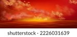 Sunset sky in sea, red clouds flying over calm ocean water surface. Nature landscape, picturesque background with beautiful evening horizon perspective view, Realistic 3d vector illustration