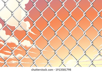 Sunset sky seen through the wire mesh fence