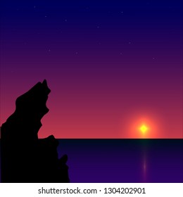 sunset sky in the stars black rock and sea