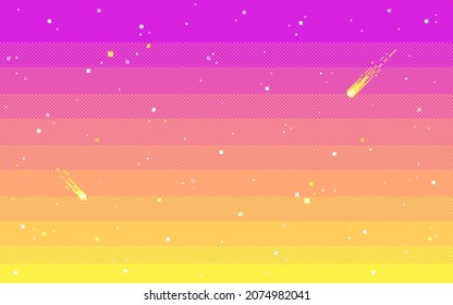 Sunset sky and stars   comets  Cosmic seamless background in pixel art  Vector illustration 