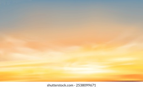 Sunset Sky for Summer Background,Autumn orange,yellow sunrise,cloud over sea,Vector Winter sky with yellow,pink color in evening,Horizon Nature Spring landscape with bright sunlight for holiday banner