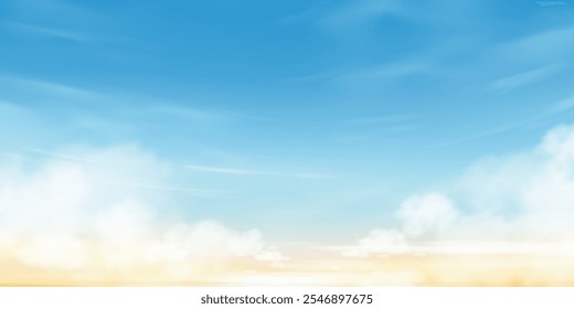 Sunset Sky Summer Background,Autumn Sunrise Yellow,Blue Sky and Cloud,Spring Nature Landscape Golden Hour e crepúsculo céu à noite após o amanhecer,Vetor Horizon Banner Sunlight for Winter banner