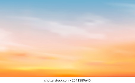 Sunset Sky for Summer Background,Beautiful Autumn orange, yellow sunrise sky, cloud over sea,Vector Winter sky with blue, pink pastel color in evening,Horizon Nature Spring landscape with sunlight 