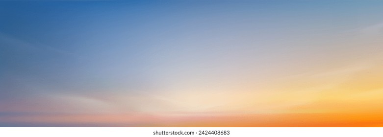 Sunset Sky in Summer Evening for Background,Beautiful Nature Landscape Spring Sunrise in Morning with Blue,Orange,Yellow,Pink,Vector Holiday Banner Horizon panoramic Sunlight,Clouds by sea beach 