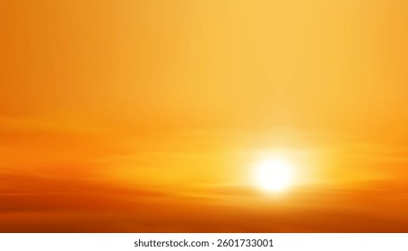 Sunset Sky, Sun in Golden Hour Over Sea. Orange Sunrise Landscape, Vector Yellow Gold Sky, Cloud with Gold Light, Dusk a While Sun Down. Illustration Autumn Winter Background 