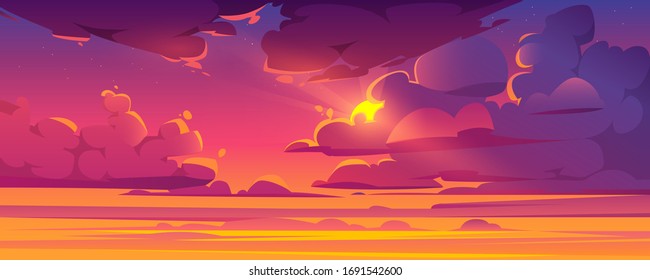 Sunset Sky With Sun Peek Out Of Fluffy Clouds. Beautiful Nature Landscape Background, Pink, Orange And Lilac Cloudscape Evening Or Morning View With Shining Sol And Stars. Cartoon Vector Illustration