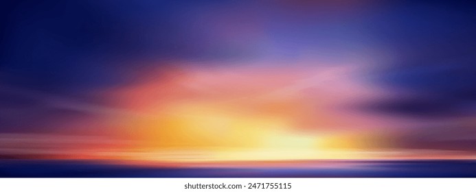 Sunset Sky, Sunrise Background in Blue,Purple, Dramatic Sunrise with Cloud in Orange,Yellow Color in Summer,Vector Horizon Evening twilight dusk sky after sun dawn in Winter,Beautiful nature landscape by sea beach