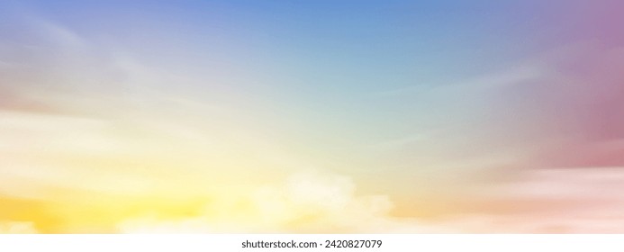 Sunset sky with twilight dusk sky in evening in yellow,orange, pink, blue, purple, blue and cloud background,Vector Panoramic pastel sunrise sky with refraction by the sea beach in Summer