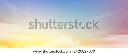 Sunset sky with twilight dusk sky in evening in yellow,orange, pink, blue, purple, blue and cloud background,Vector Panoramic pastel sunrise sky with refraction by the sea beach in Summer