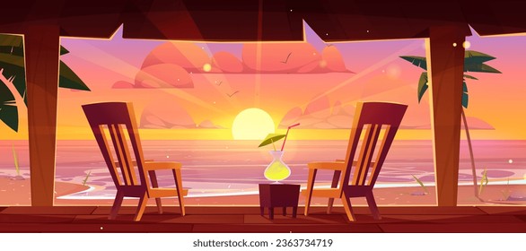 Sunset sky view from house terrace vector background. Home or hotel with wooden patio, chair and cocktail to relax near beach. Outdoor villa apartment resort exterior on tropical summer landscape.