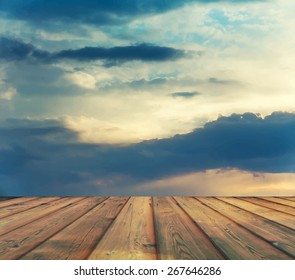 sunset sky and wood floor, vector