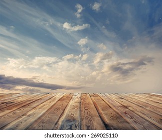 sunset sky and wood floor, vector