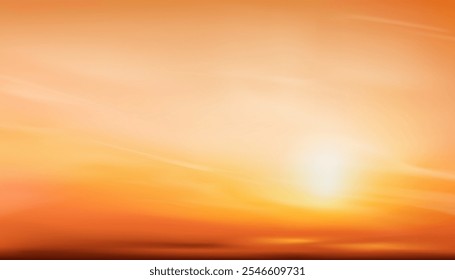 Sunset Sky,Cloud background.Autumn with orange,yellow sky sunrise over beach,Vector Nature Winter sunlight in evening,Banner cartoon landscape sunny day in summer by the sea