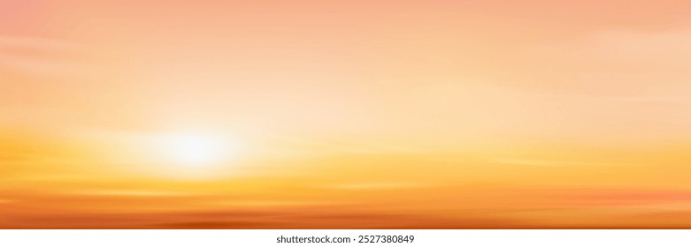 Sunset sky,cloud background.Autumn with orange,yellow sunrise over beach,Vector Nature Winter sunlight in evening,Banner cartoon landscape sunny day in summer by sea