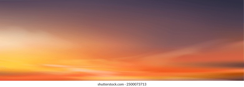 Cielo de la puesta del sol, fondo de la nube, salida del sol del otoño en púrpura, naranja, cielo amarillo en la mañana, puesta del sol del Vector en verano sobre la playa del mar, paisaje de la Naturaleza Luz del sol de la hora de oro en invierno, horizonte