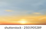 Sunset Sky,Cloud Background,Autumn Yellow,Blue Sunrise over sea beach,Vector Beautiful Nature of Golden Hour in orange Sky Before Sundown in Winter