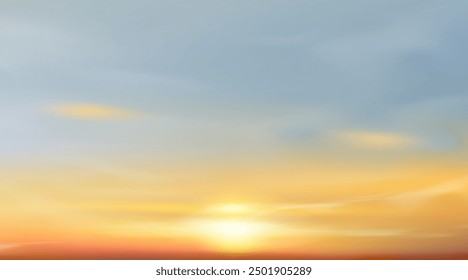 Sunset Sky,Cloud Background,Autumn Yellow,Blue Sunrise over sea beach,Vector Beautiful Nature of Golden Hour in orange Sky Before Sundown in Winter