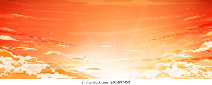 Sunset sky,cloud background,Cartoon scene anime nature style,Sunny day Autumn with sunrise shining, white fluffy cloudy on orange sky,Vector illustration of heaven with bright light  in Summer season