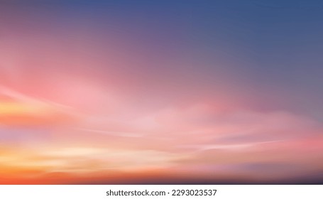 Sunset Sky,Cloud Background,Sunrise by Beach with Orange,Pink,Blue.Nature Landscape Dramatic Golden Hour with twilight Sky in Evening after Sun Dawn,Vector Horizon Banner Sunlight in Autumn,Winter