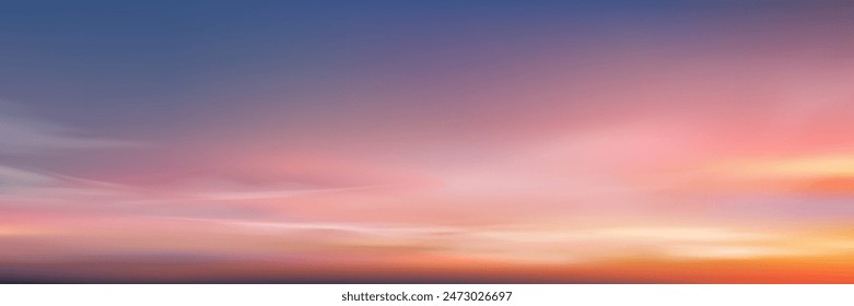 Sunset Sky,Cloud Background,Sunrise by Beach with Orange,Pink,Blue.Nature Landscape Dramatic Golden Hour with twilight Sky in Evening after Sun Dawn,Vector Horizon Banner Sunlight in Autumn,Winter 