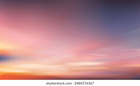 Atardecer, Fondo de nubes, Amanecer en la playa con naranja, rosa, azul. Paisaje de Naturaleza Dramática hora dorada con el cielo crepuscular en la tarde después del amanecer, Horizonte del Vector Anuncio Luz del sol en otoño, invierno