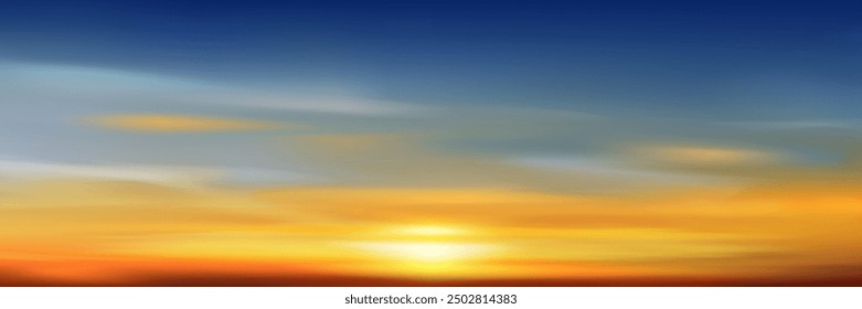 Sonnenuntergang Himmel, Wolkenhintergrund, Sonnenaufgang am Strand mit OrangeGelb, Blau.Herbst Naturlandschaft Dramatische goldene Stunde mit Dämmerung Himmel am Abend nach Sonnenuntergang, Vektor Horizont Banner Sonnenlicht im Winter