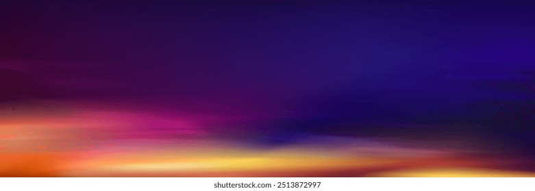 Céu Pôr do Sol,Nuvem com Roxo,Laranja,Fundo Azul Amarelo,Nascer do Sol por Praia no outono,Natureza Paisagem Crepúsculo dramático Céu à Noite após Descer do Sol no inverno,Vetor Horizon Banner Céu de luz solar