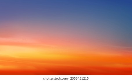 Sunset Sky,Cloud for Spring Background,Beautiful summer orange, yellow sunrise sky, cloud over sea,Vector Winter sky with gradient blue, pink in evening,Horizon Nature Spring landscape with sunlight