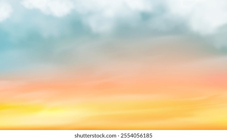 Sunset Sky,Cloud for Spring Background,Beautiful summer orange, yellow sunrise sky, cloud over sea,Vector Winter sky with gradient blue, pink in evening,Horizon Nature Spring landscape with sunlight