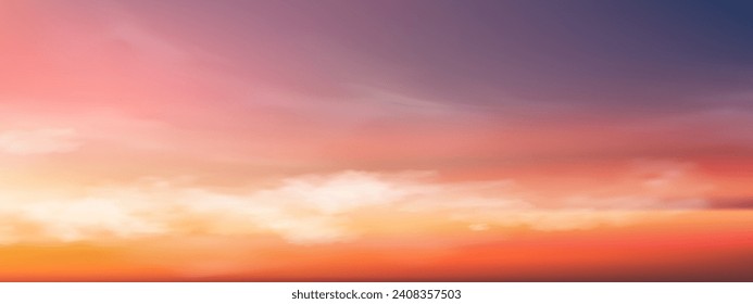 Sunset Sky,Clouds over Beach in the evening with Blue,Red, Orange,Yellow and Purple Sunlight in Summer,Beautiful panoramic nature sunrise,Vector Romantic sky with Dusk Twilight