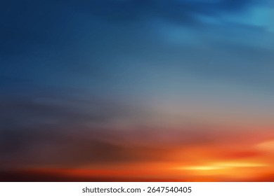 Céu de pôr do sol, nuvens sobre o mar na noite no outono com laranja, luz dourada amarela, Horizonte Céu de nascer do sol com luz do sol no gradiente azul, vermelho na manhã inverno.VetorCrepúsculo Fundo da paisagem do céu de Crepúsculo

