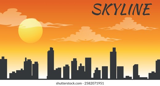 Sunset, the skyline of a big city with skyscrapers and warm shades of the evening sky.