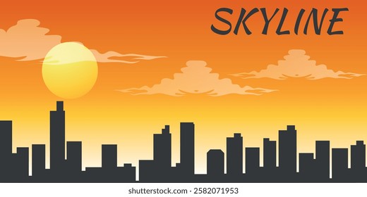 Sunset, the skyline of a big city with skyscrapers and warm shades of the evening sky.