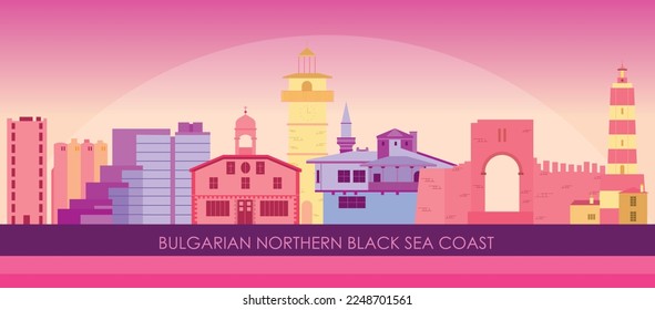 Sunset Skyline panorama of Bulgarian northern Black sea coast  - vector illustration

